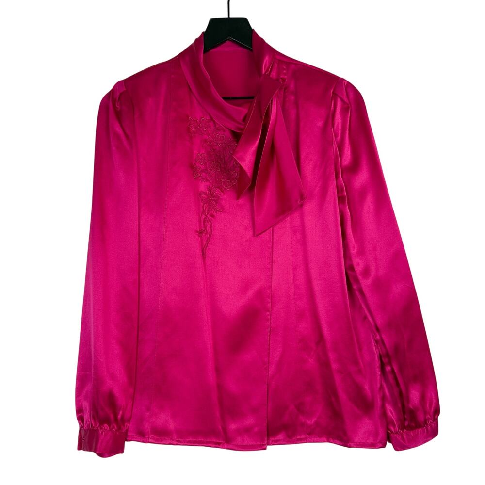 Vtg 80s Unbranded 100% Silk Wrap Neck Tie Blouse Pink - M/L